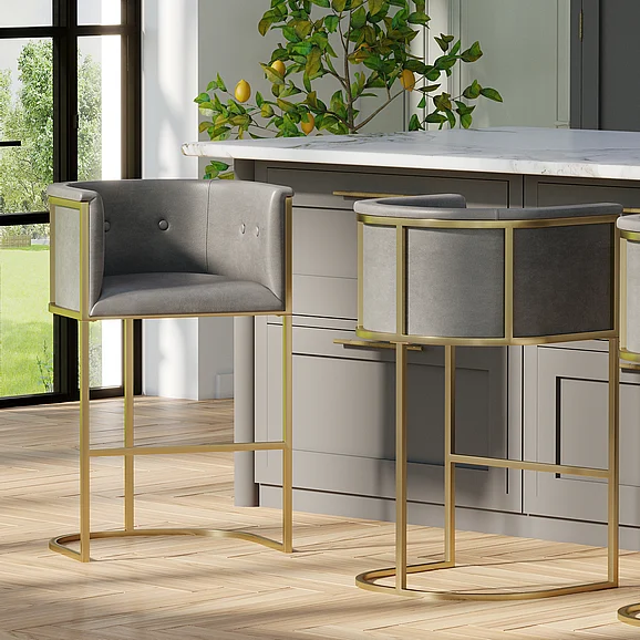 31" Bar Stool – Gray Faux Leather with Brass-Finish Metal Base, 1Pc