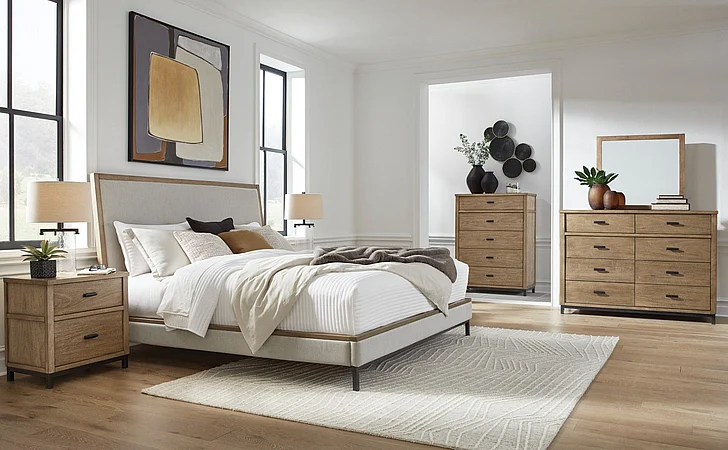 Tomtyn 4-Piece Upholstered Bedroom Set in Light Brown
