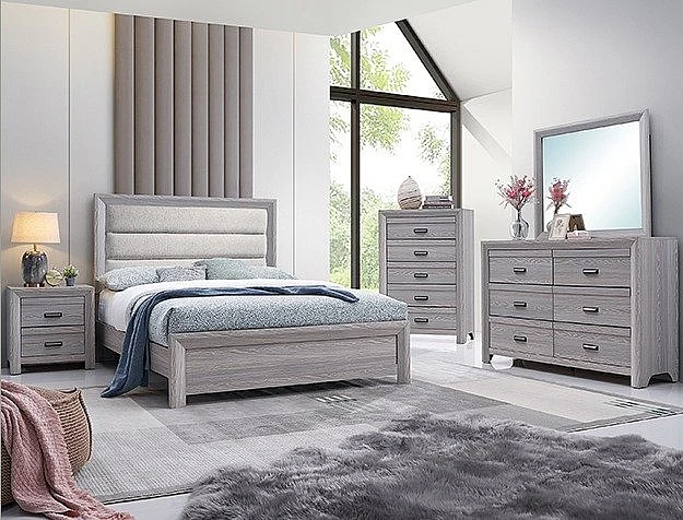 Crown Mark Adelaide 4pc Upholstered Panel Bedroom Set in Driftwood