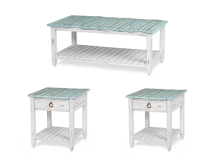 Sea Winds Picket Fence 3pc Occasional Set in Distressed Bleu/White