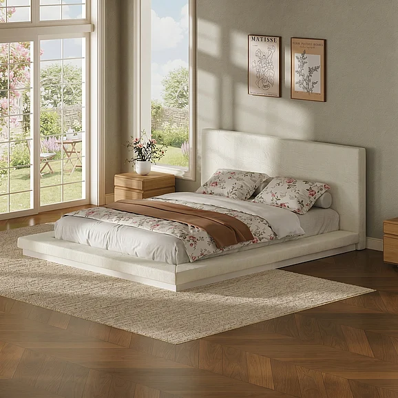 Queen Size Floating Bed Frame with Padded Headboard, Low Profile Metal Slat Base, Anti-Collision Padded Surround, No Box Spring Required, Off-White FedEx/UPS