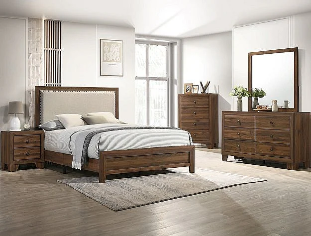 Crown Mark Millie 4pc Upholstery Panel Bedroom Set in Brown Cherry