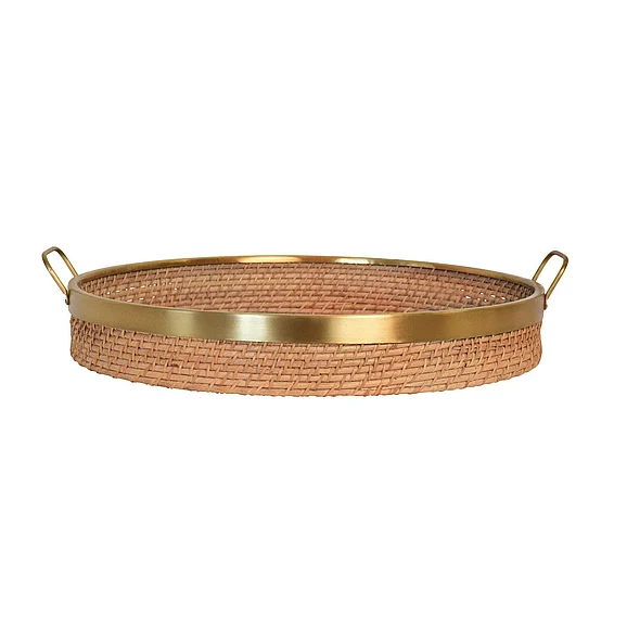 Worlds Away Round Natural Rattan Tray w/ Brass Rim and Handles BABS