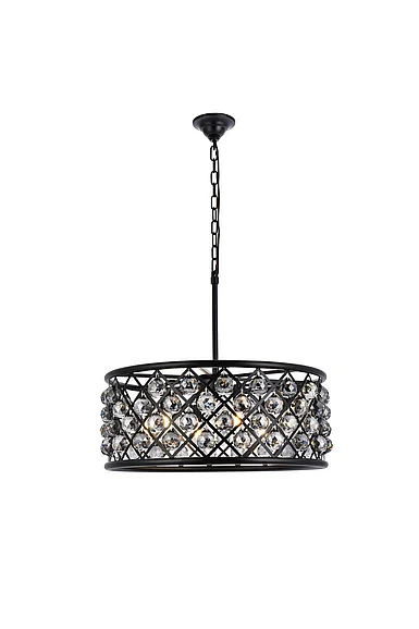 Elegant Madison 6 Light Matte Black Chandelier Silver Shade (Grey) Royal Cut Crystal 1214D25MB-SS/RC