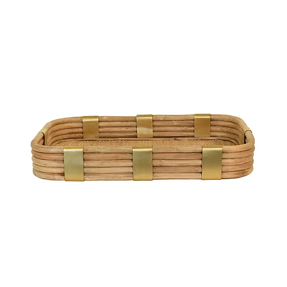 Worlds Away Rectangular Natural Rattan Tray w/ Brass Rim and Rounded Corners BARLEY