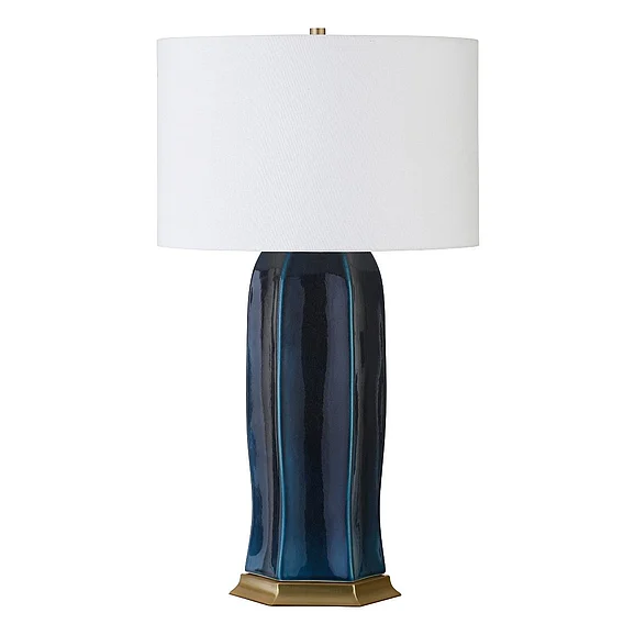 Worlds Away Ceramic Table Lamp w/ Satin Brass Base in Gloss Navy Glaze BARRON NVY