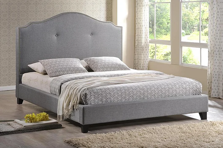 Baxton Studio Marsha Queen Scalloped Linen Modern Bed with Upholstered Headboard in Gray