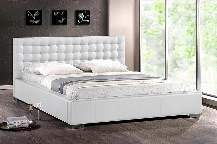 Baxton Studio Madison King Bed Modern Bed with Upholstered Headboard in White