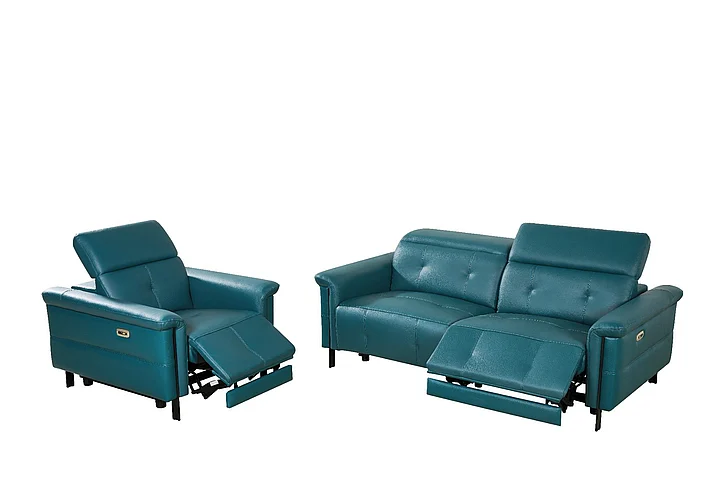 Klaussner Everyday Orlena Leather Marine Green Recliner and Sofa Set in Dark Blue