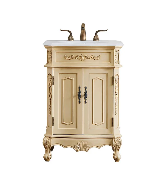 Elegant 24 In. Single Bathroom Vanity in Light Antique Beige with Ivory White Engineered Marble VF10124LT-VW