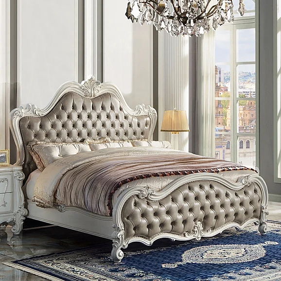 ACME Versailles II California King Bed in Vintage Gray Synthetic Leather and Bone White BD01321CK