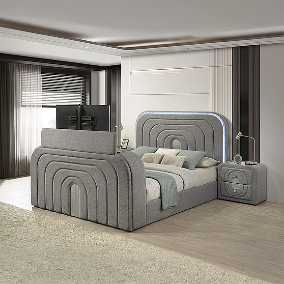ACME Shelyn Queen Bed w/Led, TV Stand, Fireplace & Bluetooth in Gray Teddy Sherpa & Chrome BD05652Q