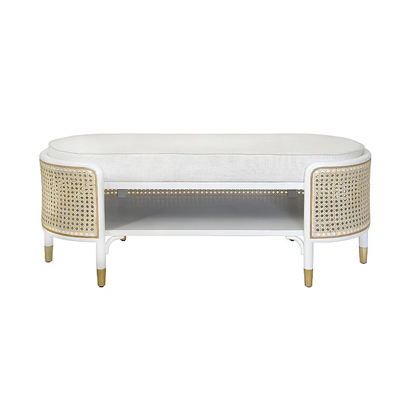 Worlds Away Beale Oval Bench in Matte White and Natural Cane BEALE WH
