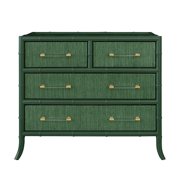 Worlds Away Four Drawer Chest w/ Bamboo Detail in Dark Green Matte Lacquer BECKETT GR
