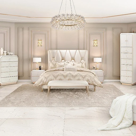 AICO La Rachelle Cal King Upholstered Panel Bed in Medium Champagne 9034000CK-136