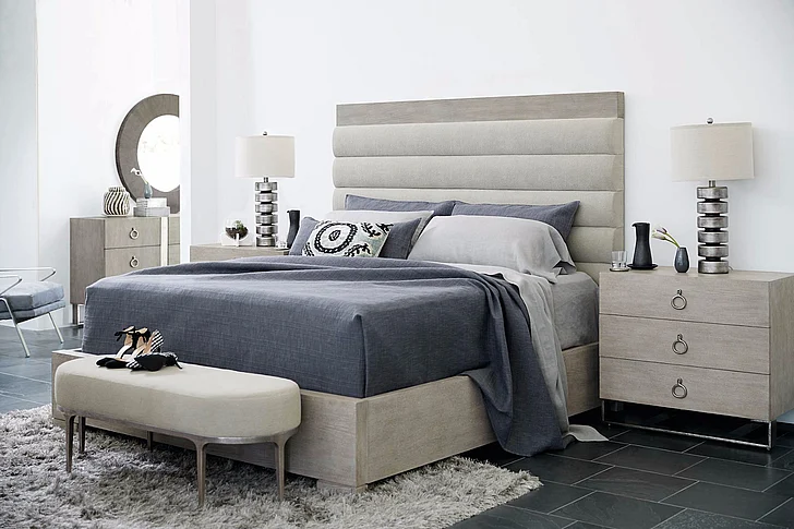 Bernhardt Linea 4pc Upholstered Queen Channel Bedroom Set in Cerused Greige