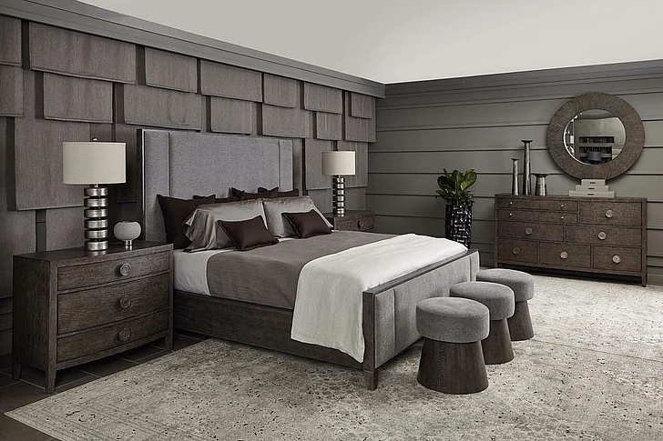 Bernhardt Linea 4pc Upholstered Queen Panel Bedroom Set in Cerused Charcoal