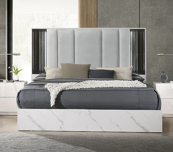 J&M Furniture Bianca King Bed in White and Grey Marble 17645-K CLOSEOUT