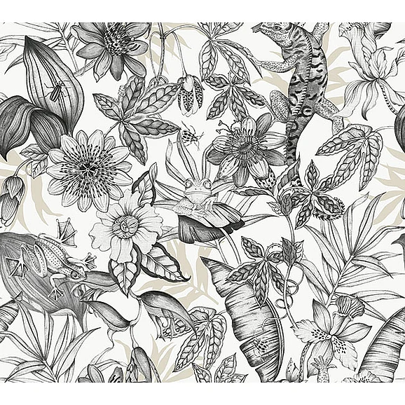 York F01-Blooms Rainforest White & Charcoal Wallpaper BL1703 (Double Roll)