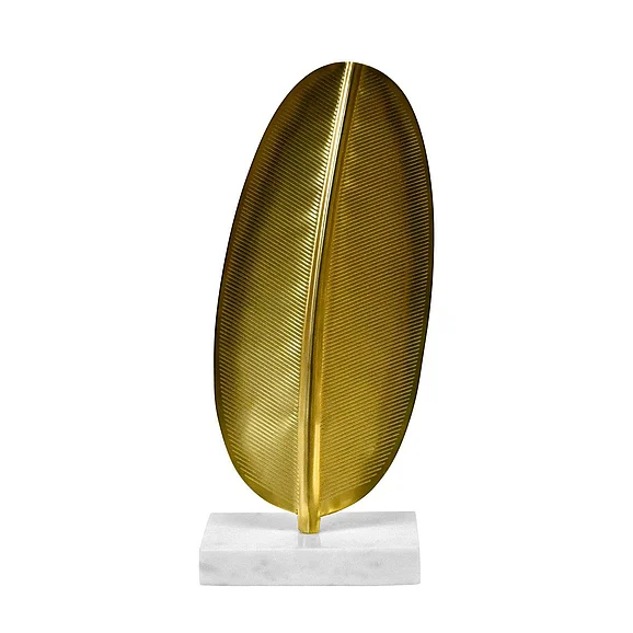 Worlds Away Small Antique Brass Leaf Scultpture w/ White Marble Base BLADE