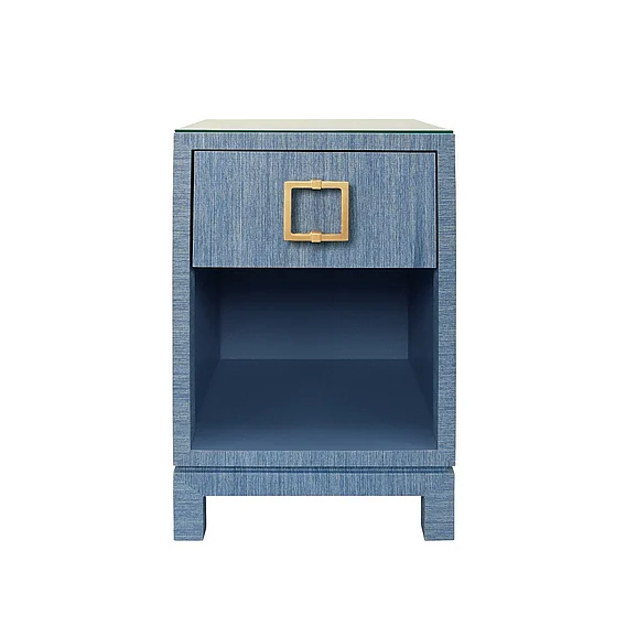 Worlds Away One Drawer Side Table in Blue Dyed Grasscloth w/ Glass Top BLAIR BL