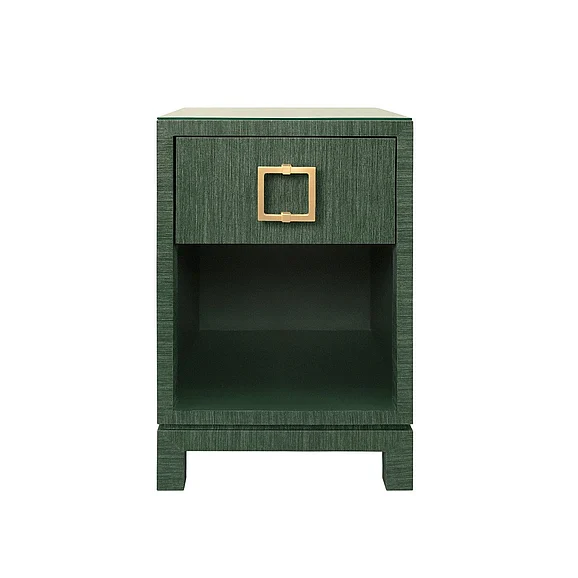 Worlds Away One Drawer Side Table in Green Dyed Grasscloth w/ Glass Top BLAIR GR