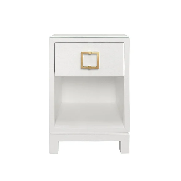 Worlds Away One Drawer Side Table in White Textured Linen w/ Glass Top BLAIR WH