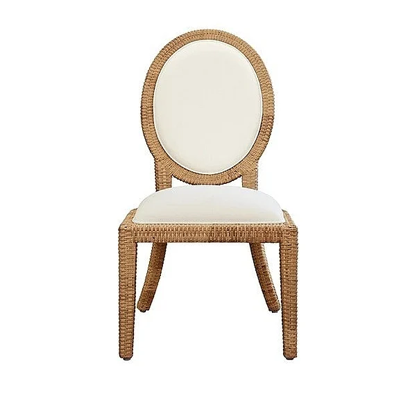 Worlds Away Rattan Wrapped Cameo Back Dining Chair With Performance Ivory Linen Upholstery BLYTHE SIDE