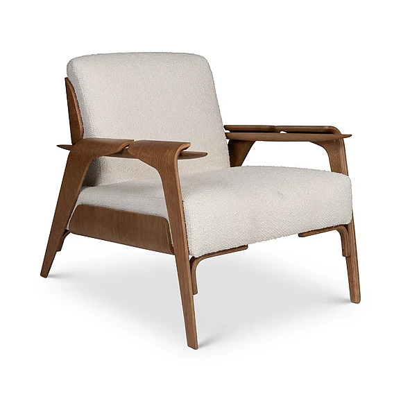 Urbia Modern Brazilian Fly - Accent Chair - Bouclé Ivory Upholstery - Pecan Frame BMJ-72141-02 CLOSEOUT