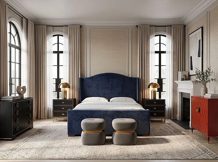 A.R.T. Furniture Boulevard 2pc Upholstered Twilight Blue Fabric Panel Bedroom Set in Raven Black
