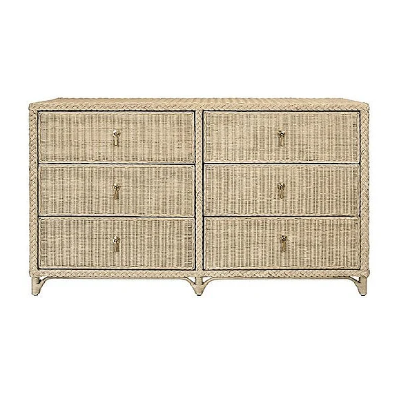 Worlds Away Six Drawer Chest in Fully Wrapped Rattan with Satin Brass Pulls BOWDEN