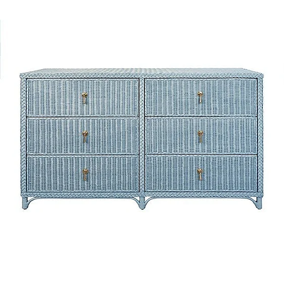 Worlds Away Six Drawer Chest in Fully Wrapped Painted Light Blue Rattan with Satin Brass Pulls BOWDEN LB