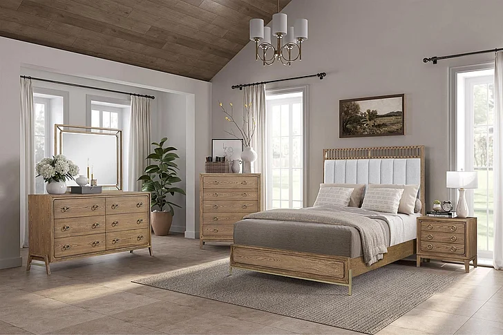 Emma Mason Signature Aurelia 2pc Uph & Leather Panel Bedroom Set in Latte