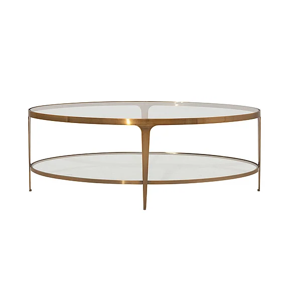 Worlds Away Brando Two Tier Glass Top Oval Coffee Table in Antique Brass BRANDO ABR