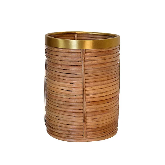 Worlds Away Natural Rattan Waste Basket w/ Brass Rim Detail BRIM