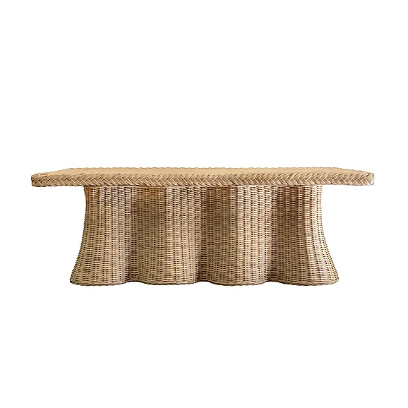Worlds Away Rectangular Coffee Table w/ Braided Edge and Scallopped Skirt in Natural Woven Rattan BRITNEY