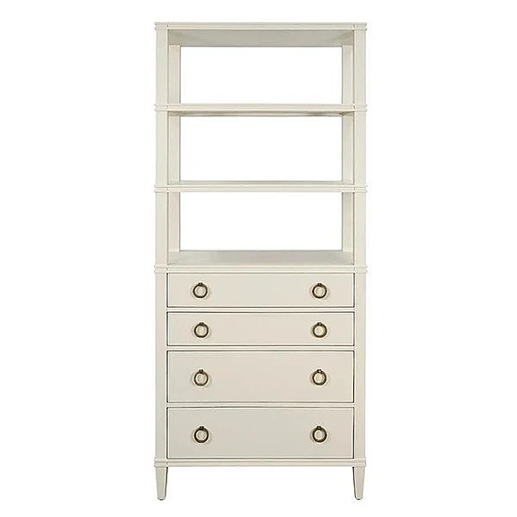 Worlds Away Four Drawer Etagere with Antique Brass Ring Hardware in Matte Antique White Lacquer BROOKE AW