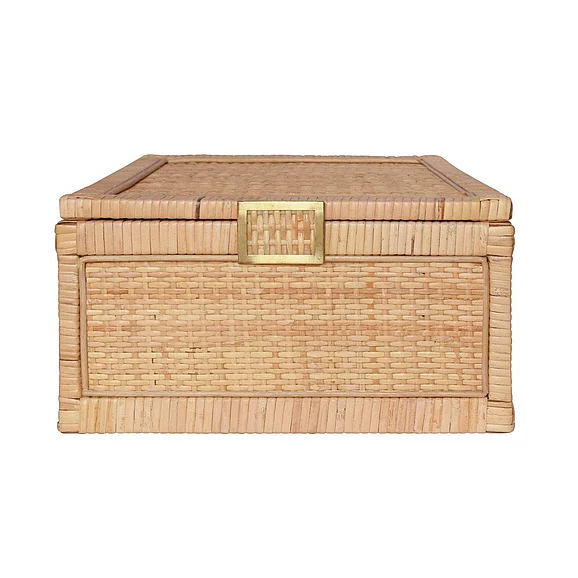 Worlds Away Large Natural Rattan Decorative Box w/ Brass Foot Caps BRUNO LG