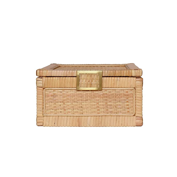 Worlds Away Small Natural Rattan Decorative Box w/ Brass Foot Caps BRUNO SM