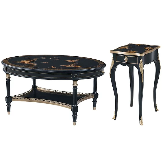Theodore Alexander Brushwork 2pc Oval Occasional Living Room Set in LM Black