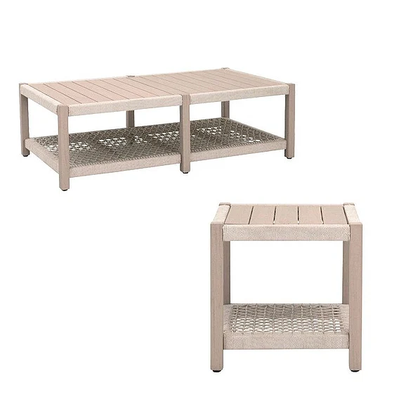Essentials for Living Wrap Outdoor 2pc Occasional Living Room Set in Oat Flat Rope, Washed Ever Teak