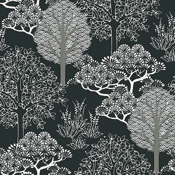 York Black and White Resource Library E40 Kimono Trees Wallpaper in Black/Metallic BW3852 (Double Roll) FedEx/UPS