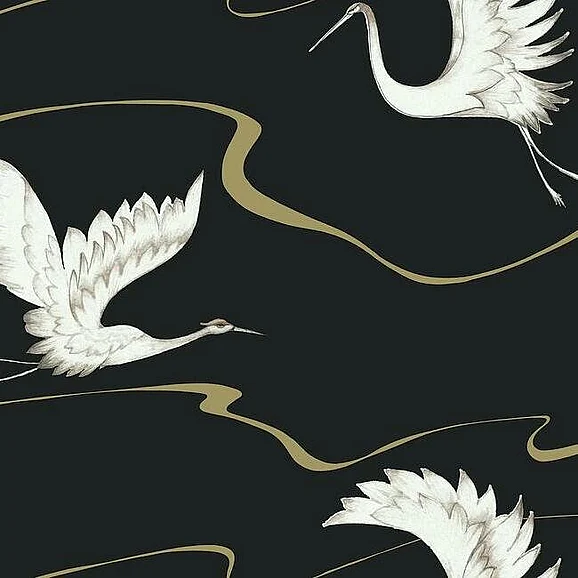 York Black and White Resource Library E40 Soaring Cranes Wallpaper in Black/Gold BW3871 (Double Roll) FedEx/UPS