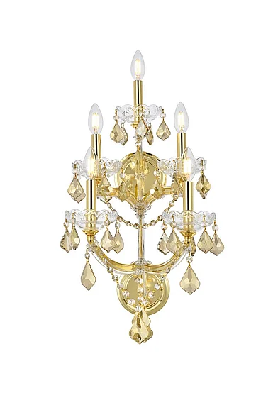 Elegant Maria Theresa 5 Light Gold Wall Sconce Golden Teak (Smoky) Royal Cut Crystal 2800W5G-GT/RC