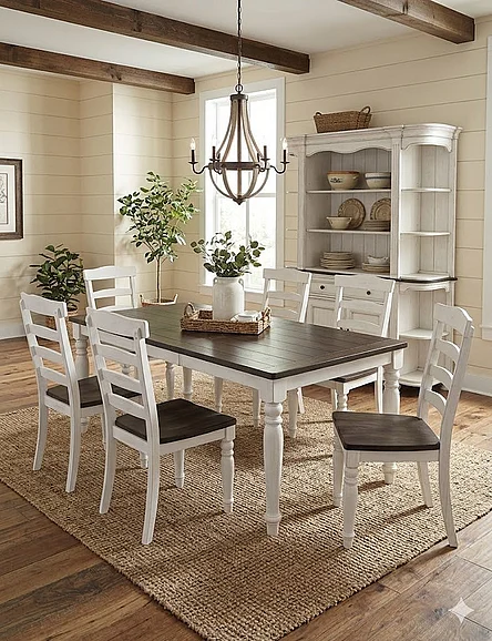 Sunset Trading French Chic 7pc Expandable Dining Room Set in Distressed Antique White and Walnut Brown