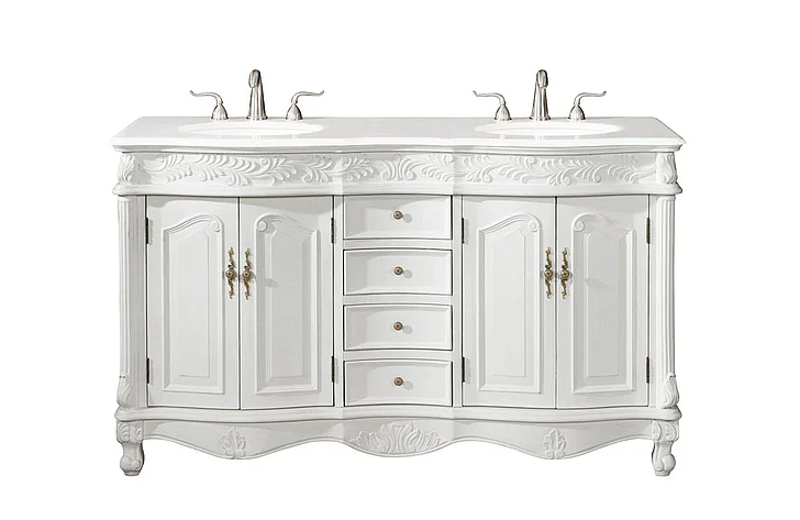 Elegant 60 In. Double Bathroom Vanity in Antique White with Ivory White Engineered Marble VF-1049-VW