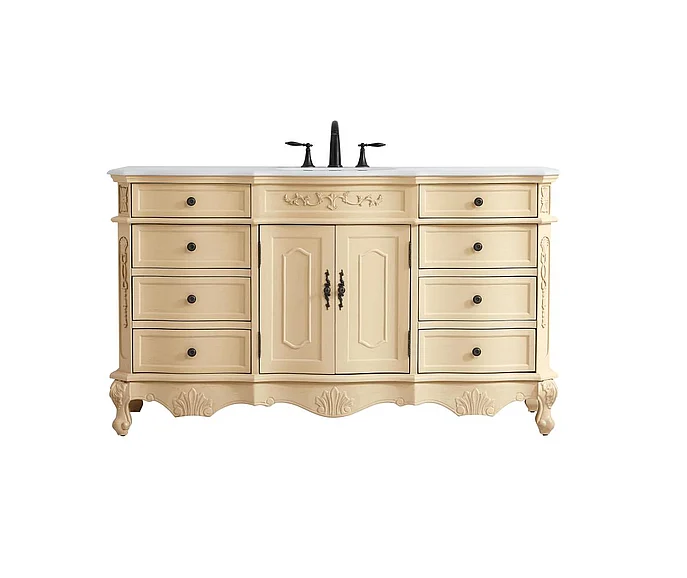 Elegant 60 In. Single Bathroom Vanity in Light Antique Beige with Ivory White Engineered Marble VF10160LT-VW