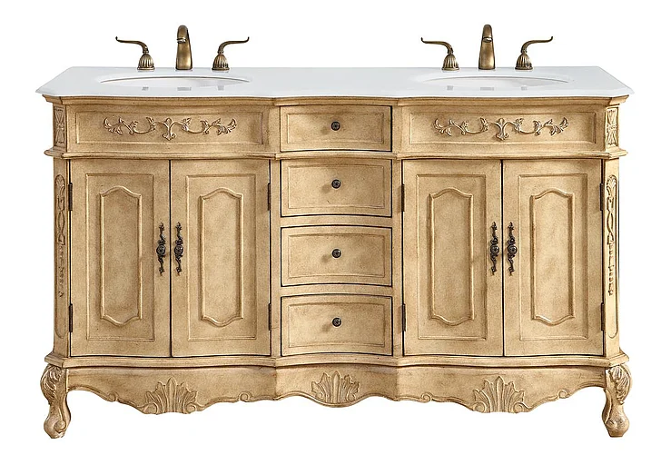 Elegant 60 In. Double Bathroom Vanity in Antique Beige with Ivory White Engineered Marble VF10160DAB-VW
