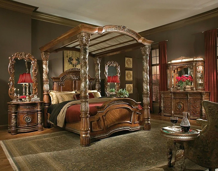 AICO Villa Valencia 4pc Poster Canopy Bedroom Set in Chestnut