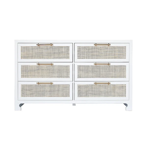 Worlds Away Carla Six Drawer Cane Front Chest in Matte White Lacquer Finish CARLA WH CLOSEOUT